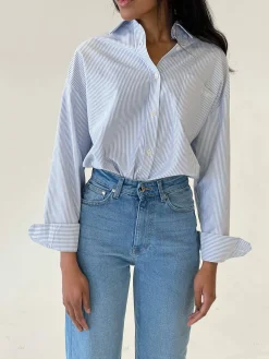 Djerf Avenue Breezy Shirt Blue Stripe Sale