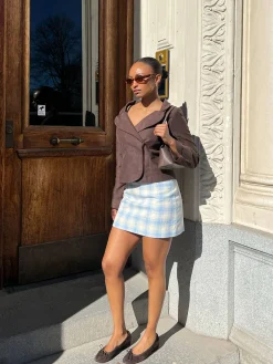 Djerf Avenue Brunch Mini Skirt Blue Plaid Best