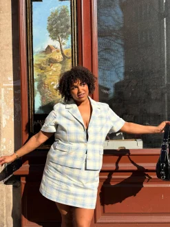 Djerf Avenue Brunch Mini Skirt Blue Plaid Best