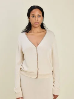 Djerf Avenue Contrast V-neck Cardigan Ivory Hot