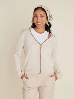 Djerf Avenue Contrast V-neck Cardigan Ivory Hot