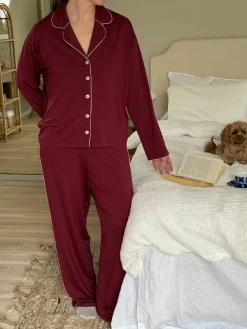 Djerf Avenue Go Slow PJ Shirt Burgundy Outlet
