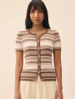 Djerf Avenue Knitted Short Sleeve Cardigan Brown Stripe Online