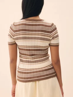 Djerf Avenue Knitted Short Sleeve Cardigan Brown Stripe Online