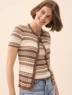 Djerf Avenue Knitted Short Sleeve Cardigan Brown Stripe Online