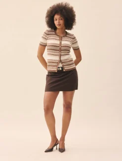 Djerf Avenue Knitted Short Sleeve Cardigan Brown Stripe Online