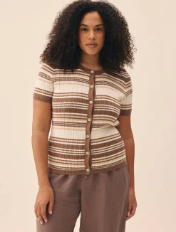 Djerf Avenue Knitted Short Sleeve Cardigan Brown Stripe Online