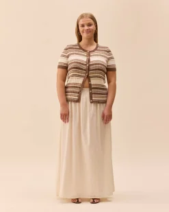 Djerf Avenue Knitted Short Sleeve Cardigan Brown Stripe Online