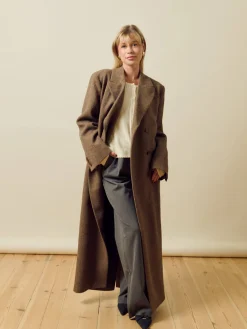 Djerf Avenue Long Wool Coat Brown Herringbone Outlet