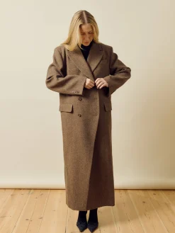 Djerf Avenue Long Wool Coat Brown Herringbone Outlet