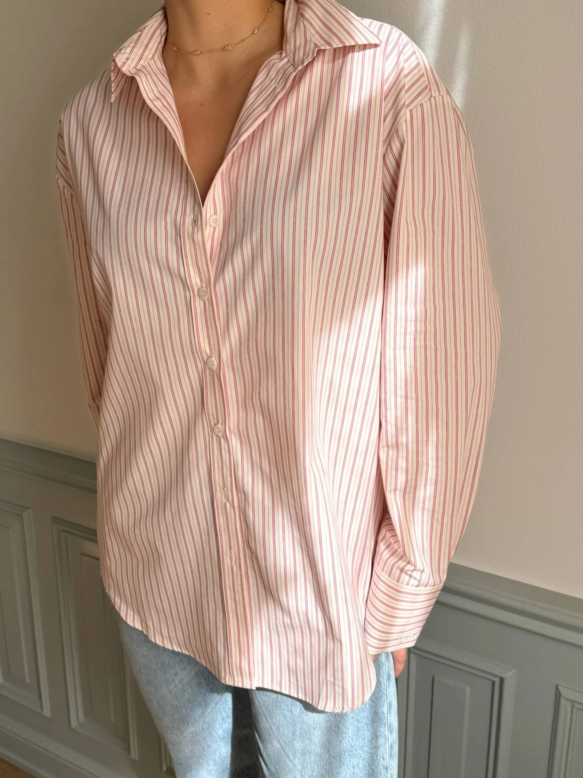 Djerf Avenue Poplin Classic Shirt Pink Stripe Clearance