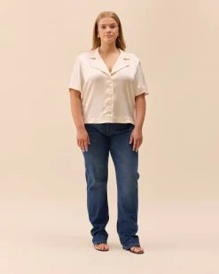 Djerf Avenue Satin Short Sleeve Blouse Ivory Hot