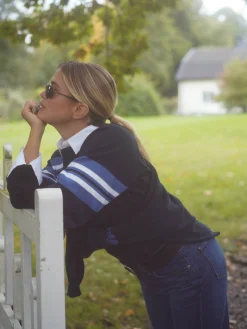 Djerf Avenue Striped Sleeve Crewneck Blue Hot