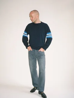 Djerf Avenue Striped Sleeve Crewneck Blue Hot