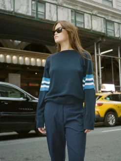 Djerf Avenue Striped Sleeve Crewneck Blue Hot