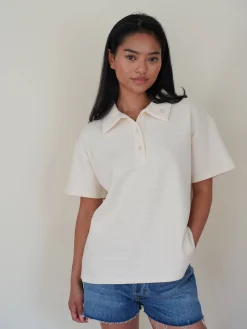 Djerf Avenue Textured Polo Top Cream Outlet